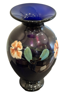 EARLY Richard R Gibbons Satava Studio Art Glass Iridescent Floral Vase 8 3/4''