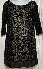 Laundry By Shelli Segal Black Velvet Burnout Lined 3/4 Sleeve Dress Sz 14 EUC