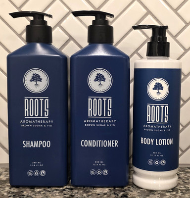 BUNDLE Roots Aromatherapy Brown Sugar & Fig Shampoo, Conditioner & Body Lotion