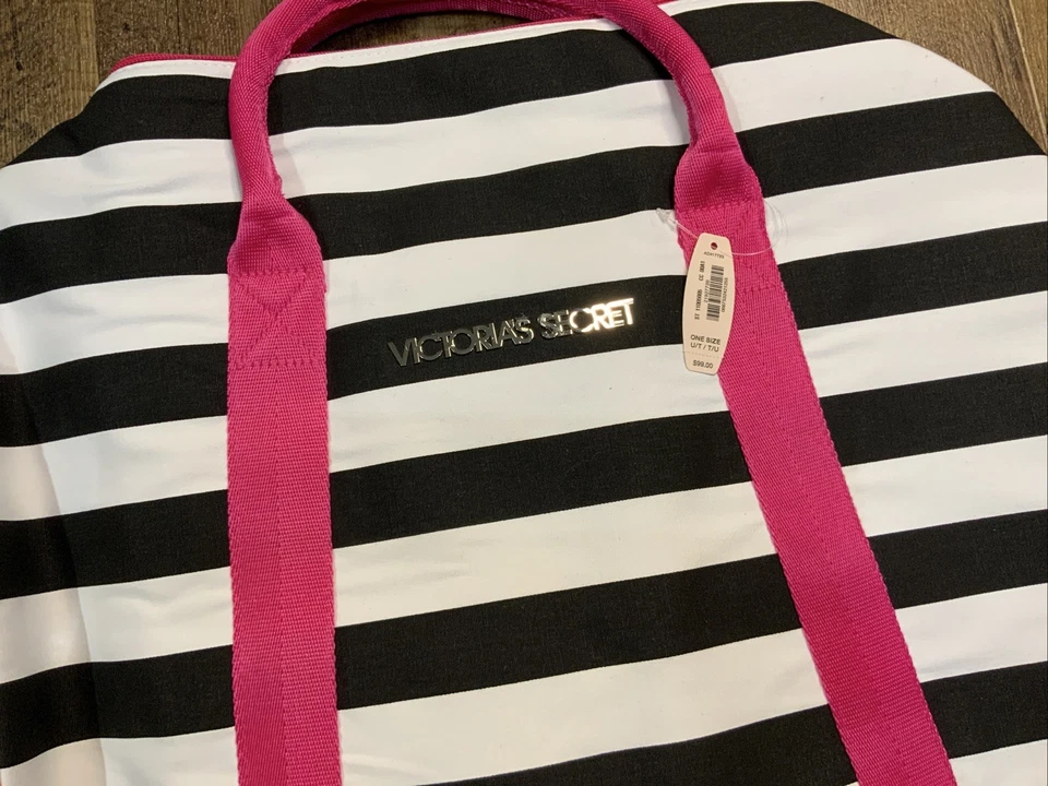 Bolso de Lona Victoria's Secret Bolso de Semana Rosa Blanco Negro Rayas Nuevo con Etiquetas  Foto 3 de 4