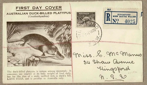 Australia 1938 9d Platypus Kingsford Registerd FDC Cover