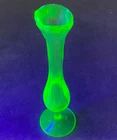 Fenton Uranium Glow Glass Swung Bud Vase Floral Etched Design 8" Footed
