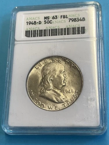 1948 "D" Franklin Half Dollar 50c ANACS MS63 FBL FULL BELL LINES Old Holder