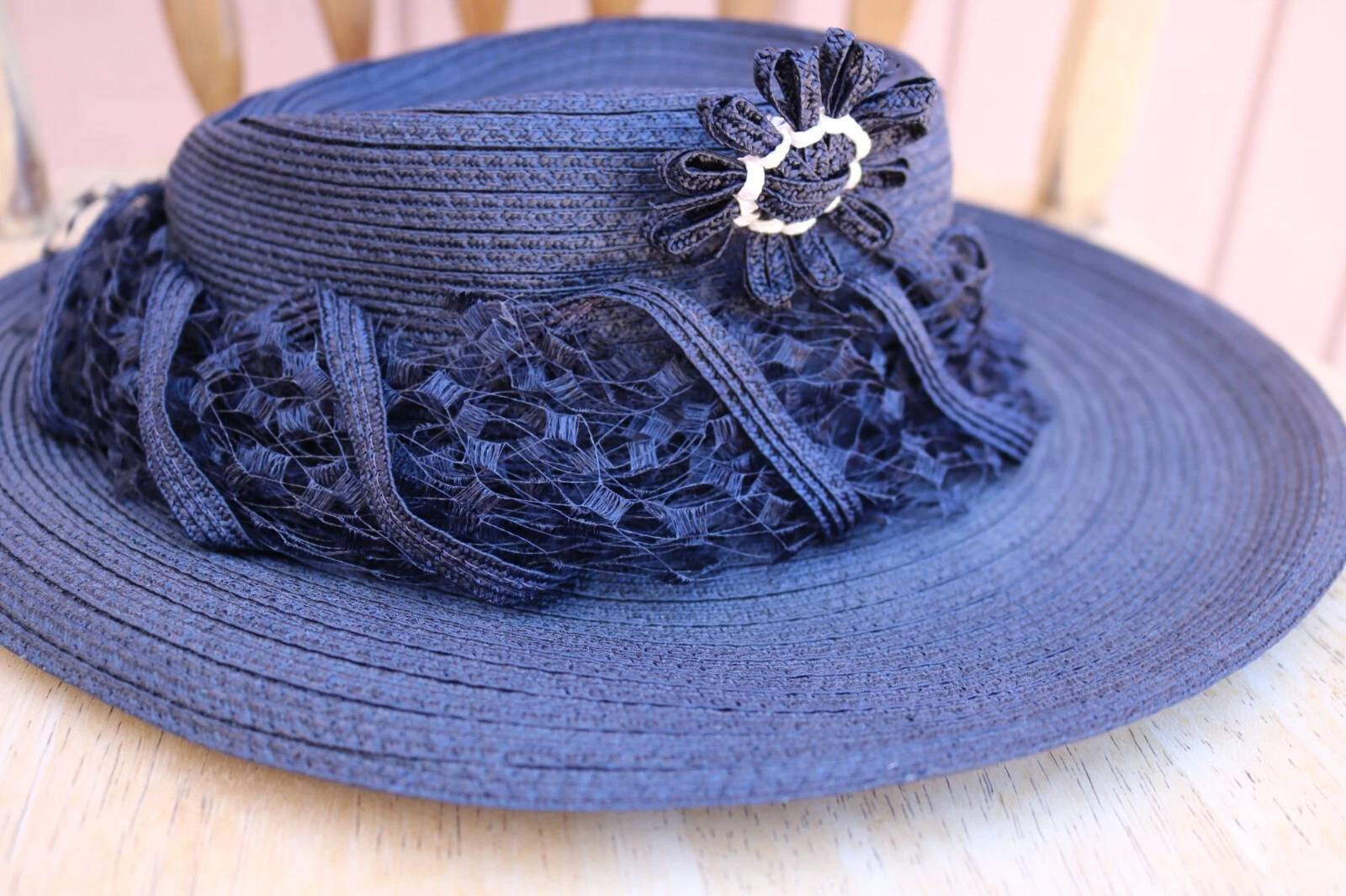 Chapeau femme vintage Christian Dior Chapeaux tissé bleu blanc paille