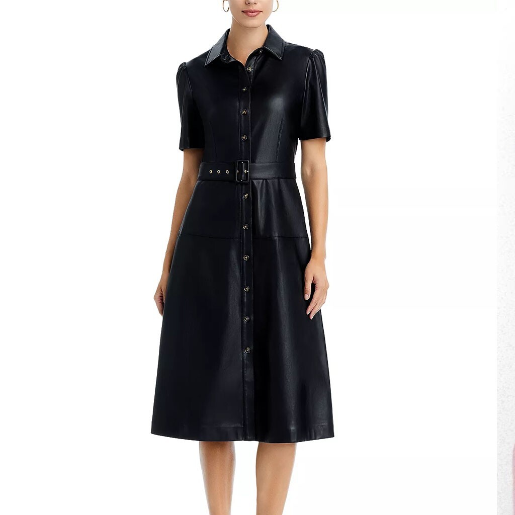 Women's Genuine Lambskin Leather Dress Black leather Button Front Midi Dress  | eBay