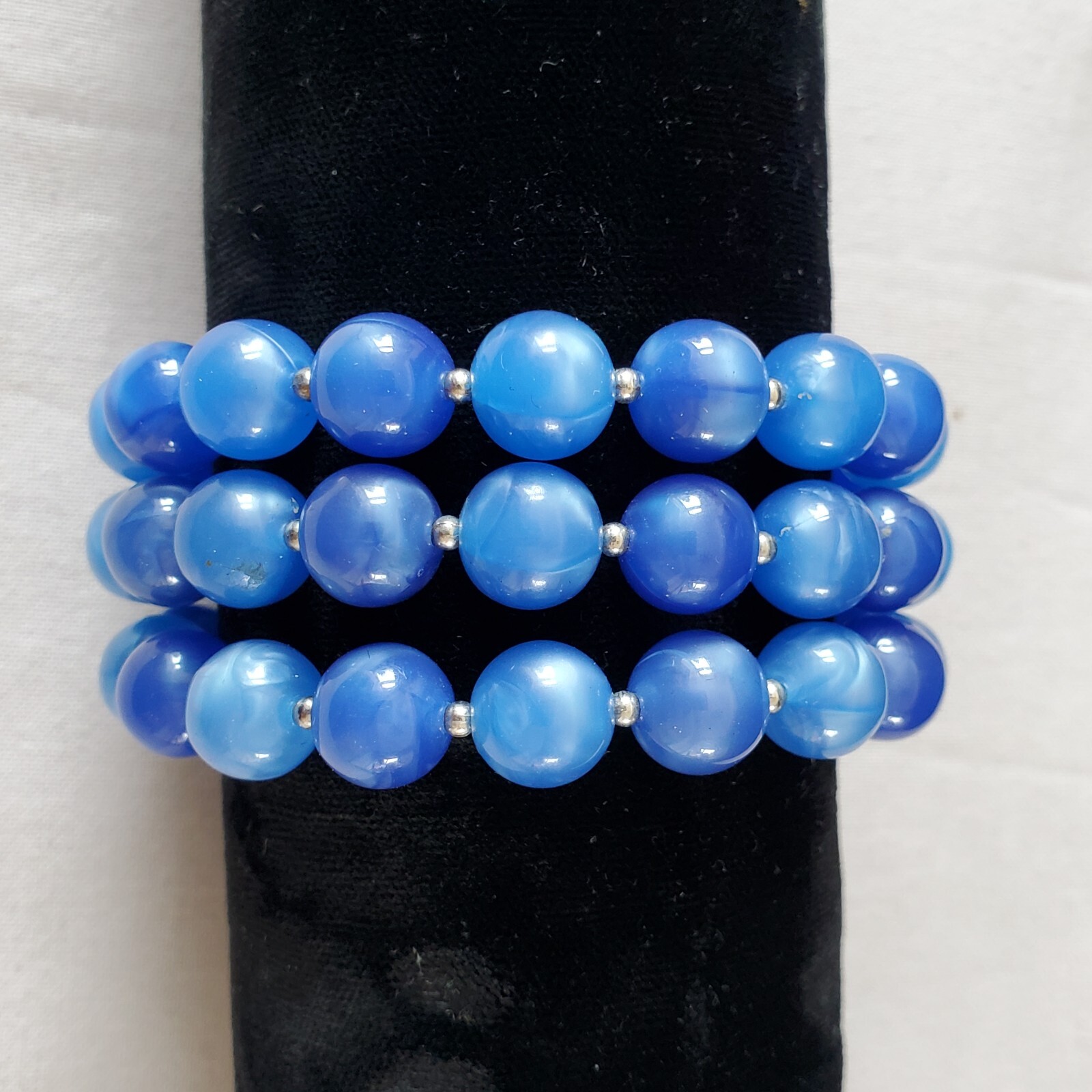 Vtg Crown TRIFARI Blue Lucite Beads 3 Strand Bracelet Gem