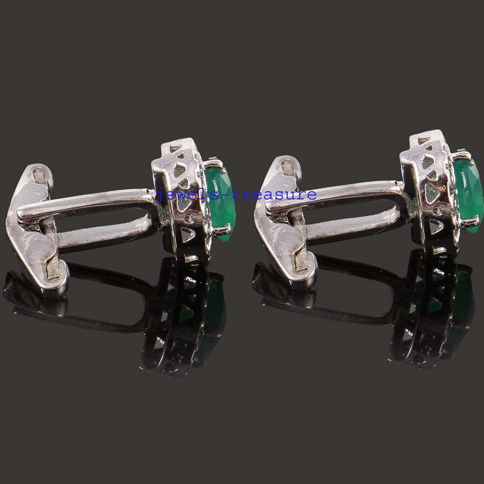 Verde Natural Onix Piedra Con 925 Plata de Ley Gemelos para Hombre #J578 - Imagen 3 de 3