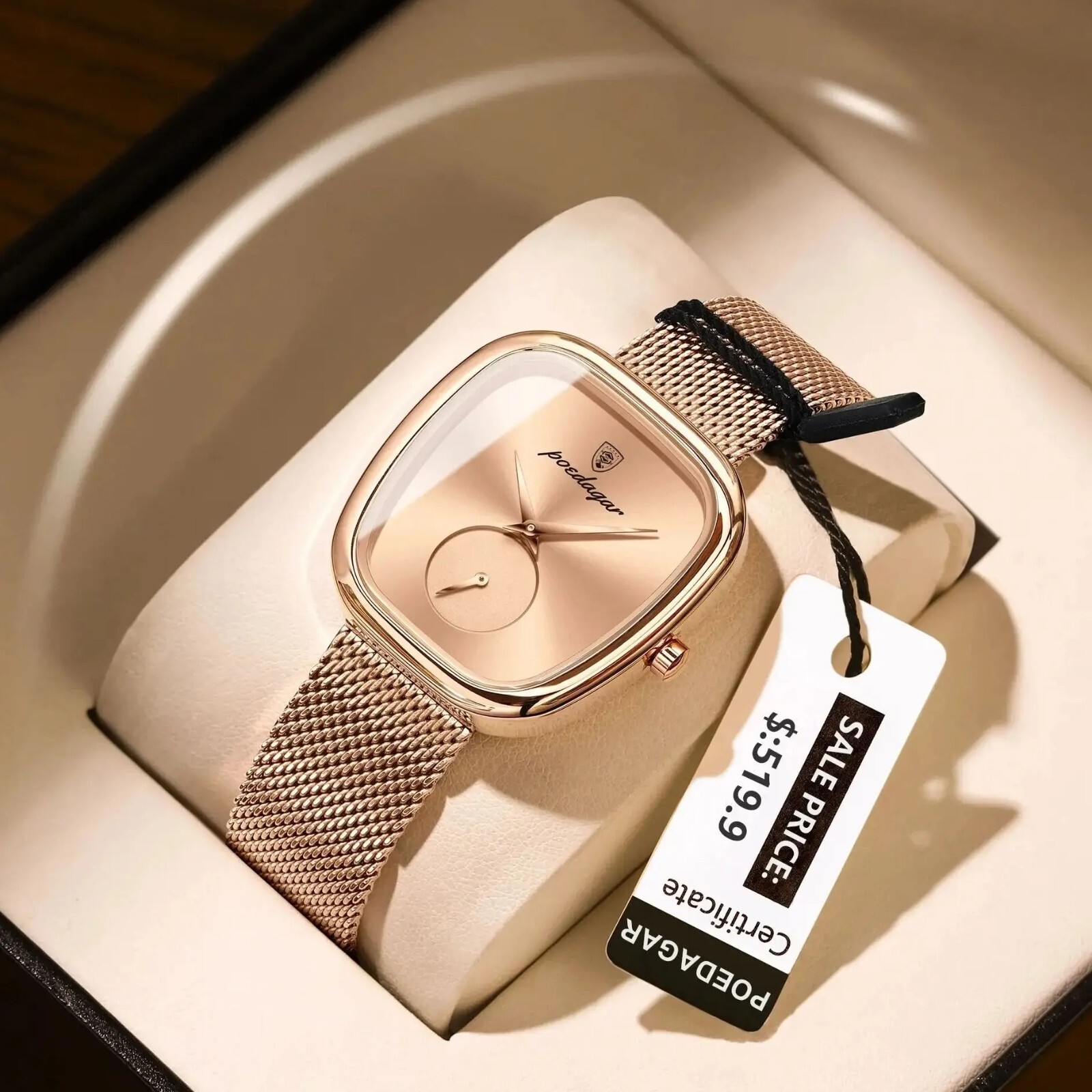 Montre luxe femme quartz étanche boîtier or jaune en acier milanais