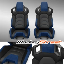 Pure Black+Blue Reclinable PVC Car Racing Seats Pair [Pure Series] W/Slider L&R