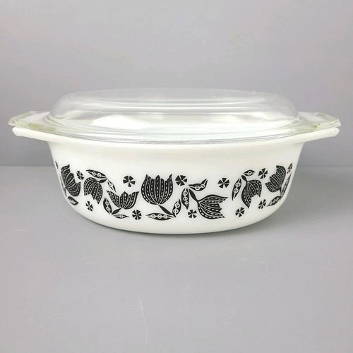 PYREX Black Tulip Print 043 1.5 Quart 1950s Vintage USA Covered Oval Dish-Read