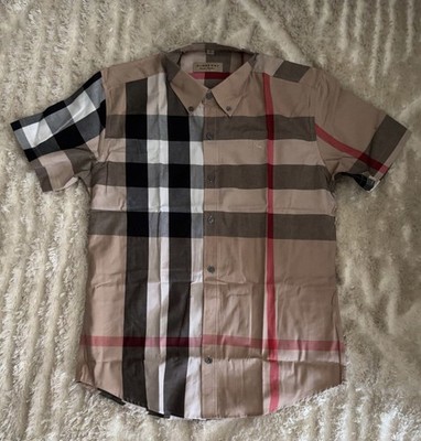 Burberry Mens Tan Plaid Short Sleeve Button-Up Shirt Size Medium
