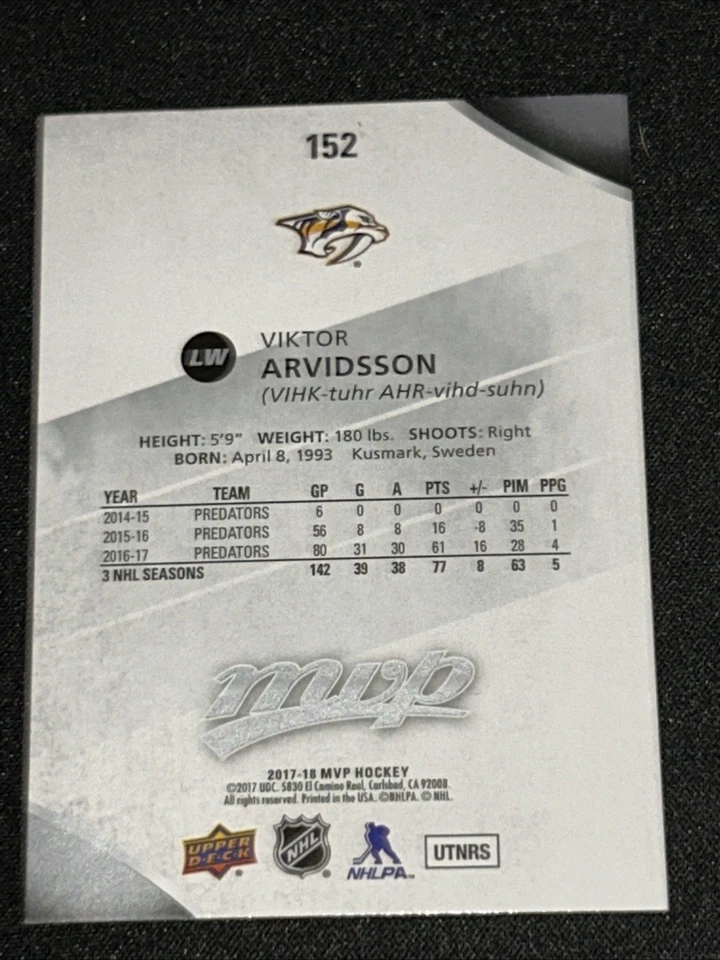VIKTOR ARVIDSSON  Silver Script 2017-18 UD MVP  #152 Free Comb Ship - Image 2 of 2