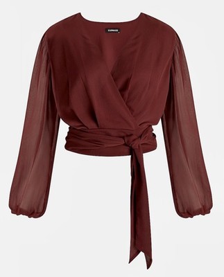 NWT Express Womens Top Size XS V-Neck Faux Wrap Tie Waist Long Sleeves MSRP$54