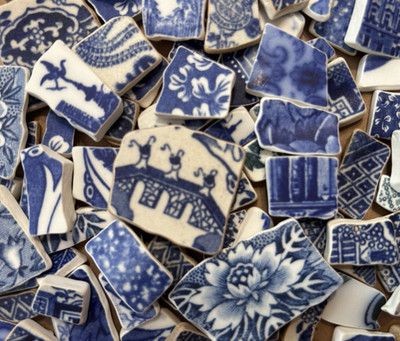 Broken China Plate Tumbled Mosaic Mixed Blue White #3