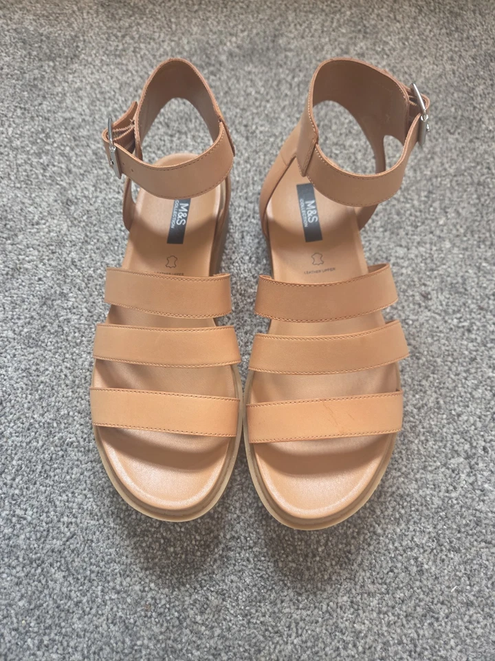 M&S Tan Leather Ankle Strap Flatform Sandals, Gladiator Sandals, Size 7, New - Image 1 of 4