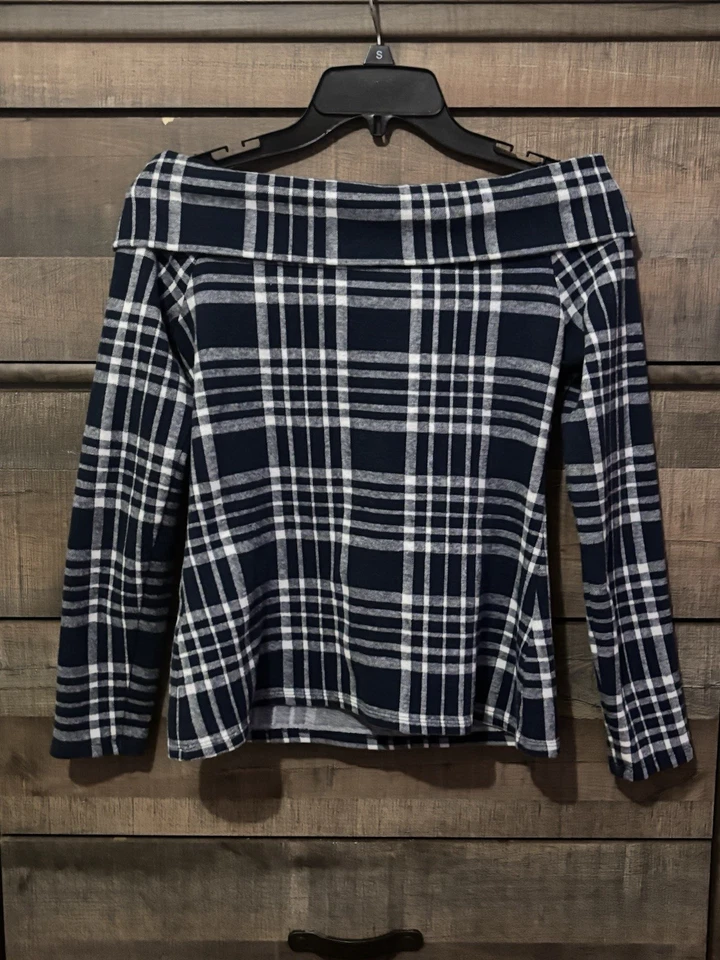 Top Plegable Fuera del Hombro Banana Republic XS Azul Marino Cuadros Preppy Retro Academia Foto 2 de 4