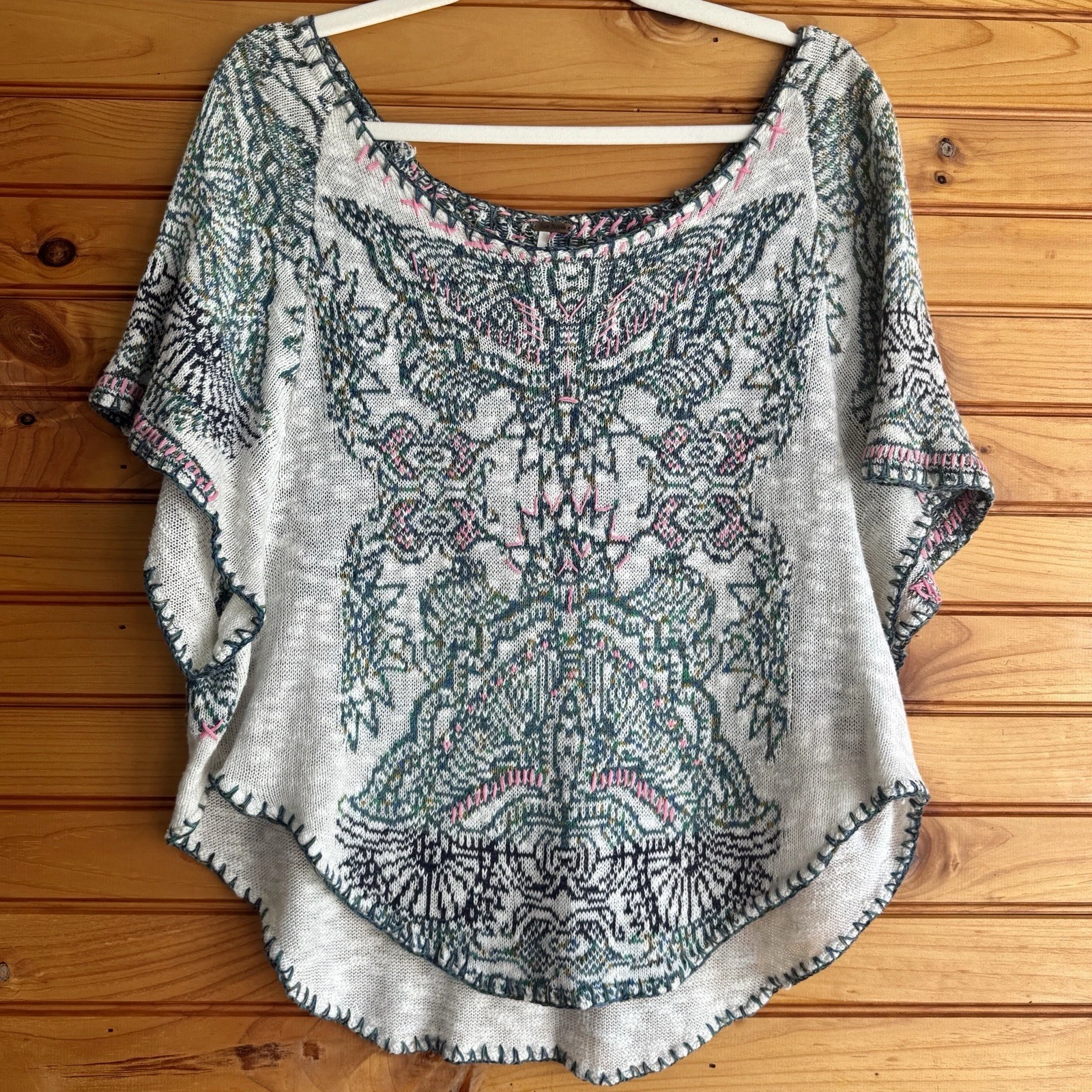 Free People Mayan Starburst Knit Top S Boho Oversized Poncho Sweater