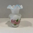 Vintage Fenton Hand Painted Floral Ruffle Blue Crest White Glass Vase