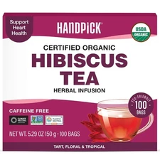 HANDPICK, Organic Hibiscus Tea Bags (100 Tea Bags) | Caffeine-Free, 100% Natural
