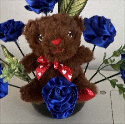 Artificial Blue Rose Flower Arrangement & Centerpiece with Teddy Bear