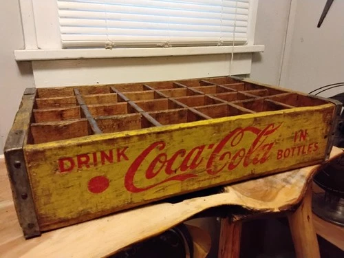 Coca-Cola Vintage Soda Bottle Yellow Red Wooden Crate Carrier 1960