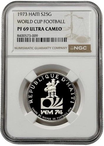 1973 Haiti 25 Gourdes Silver World Cup Football Proof Coin NGC PF 69 UC