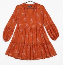 Vince Camuto Orange Floral Chiffon Tiered Mini Dress Ruffle Long Sleeve Women S