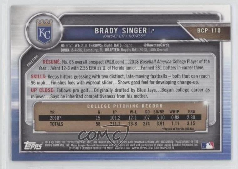 2019 Bowman Chrome Prospects Green Shimmer Refractor /99 Brady Singer #BCP-110 - Image 2 of 2