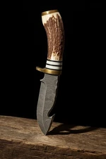 Handmade Damascus Steel Gut-Hook Blade Skinner Knife Stag Antler Handle