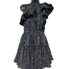 Buddy Love One Shoulder Ruffle Dress Black White Blue Speckled Print XS
