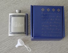 Vintage Selwin Pewter 5 oz Hip Flask with Screw on Cap & Funnel. Engraved 