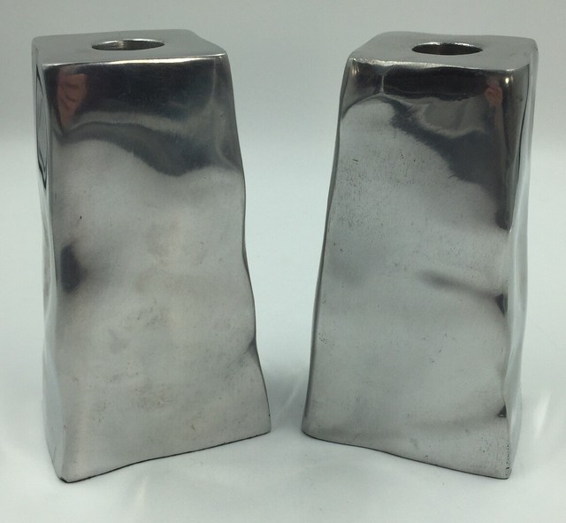 Pottery Barn Silver Tone Chunky Candle Holder Pewter Look Taper