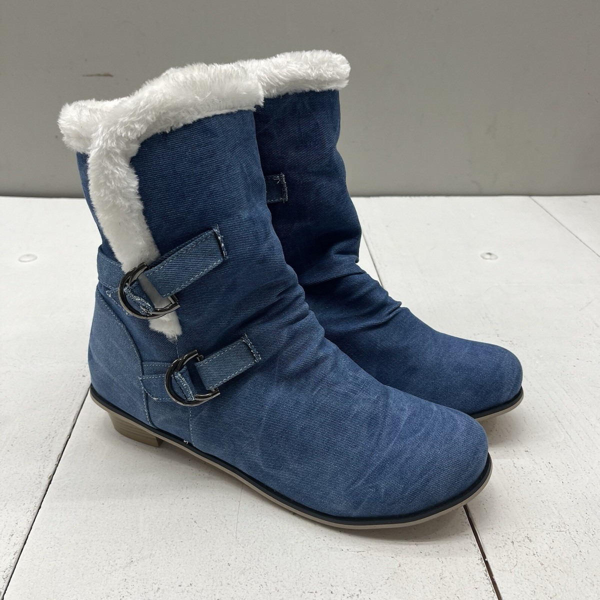 Unique Stride Blue Denim Jean Boots Fashion Shoes Low Block Heel