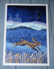 RUNNING HARE, Kirsty R. Walker, Gold Foil detail Small Christmas Card NEW Sealed