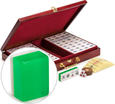 Chinese Mahjong Set, 148 Green Tiles, Wooden Case Classic Board Game Traditional