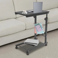 2 Tiers Adjustable Bed Side Table Black Indoor Mobile Standalone Table w/ Wheels