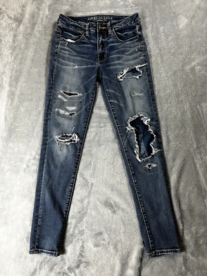 American Eagle Hi Rise Jegging Jeans Denim Size 6 Reg Super Stretch Distressed