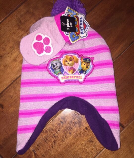 NWT Nickelodeon Girls Paw Patrol Hat Mittens Set Toddler Skye Chase Pink Purple