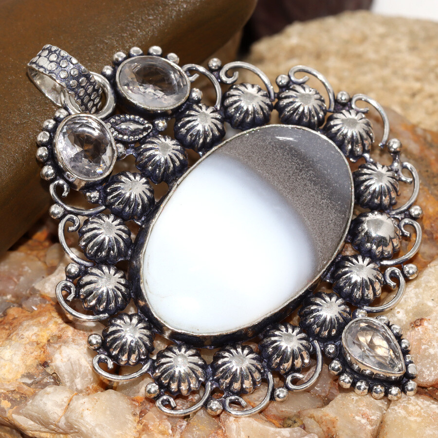 Owhyee Blue Opal White Topaz 925 Silver Plated Long Pendant 2.7