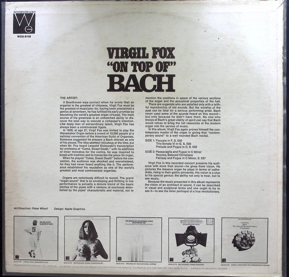 VIRGIL FOX  "ON TOP OF" BACH  WESTMINSTER GOLD RECORDS  VINYL LP  181-22 Foto 2 de 4