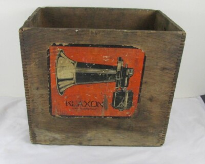 Klaxon Horn Dovetailed Wood Box Crate Economy Signal Antique Paper label