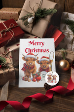 Christmas Card w/ Ornament gift box of 6 Highland Cow Country theme 5x7