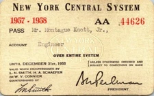 1957 - 1958 New York Central System Railroad Pass - Engineer