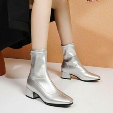 Women's Shiny Faux Leather Square Toe Ankle Boots Blcok Heels Dress Party Shoes