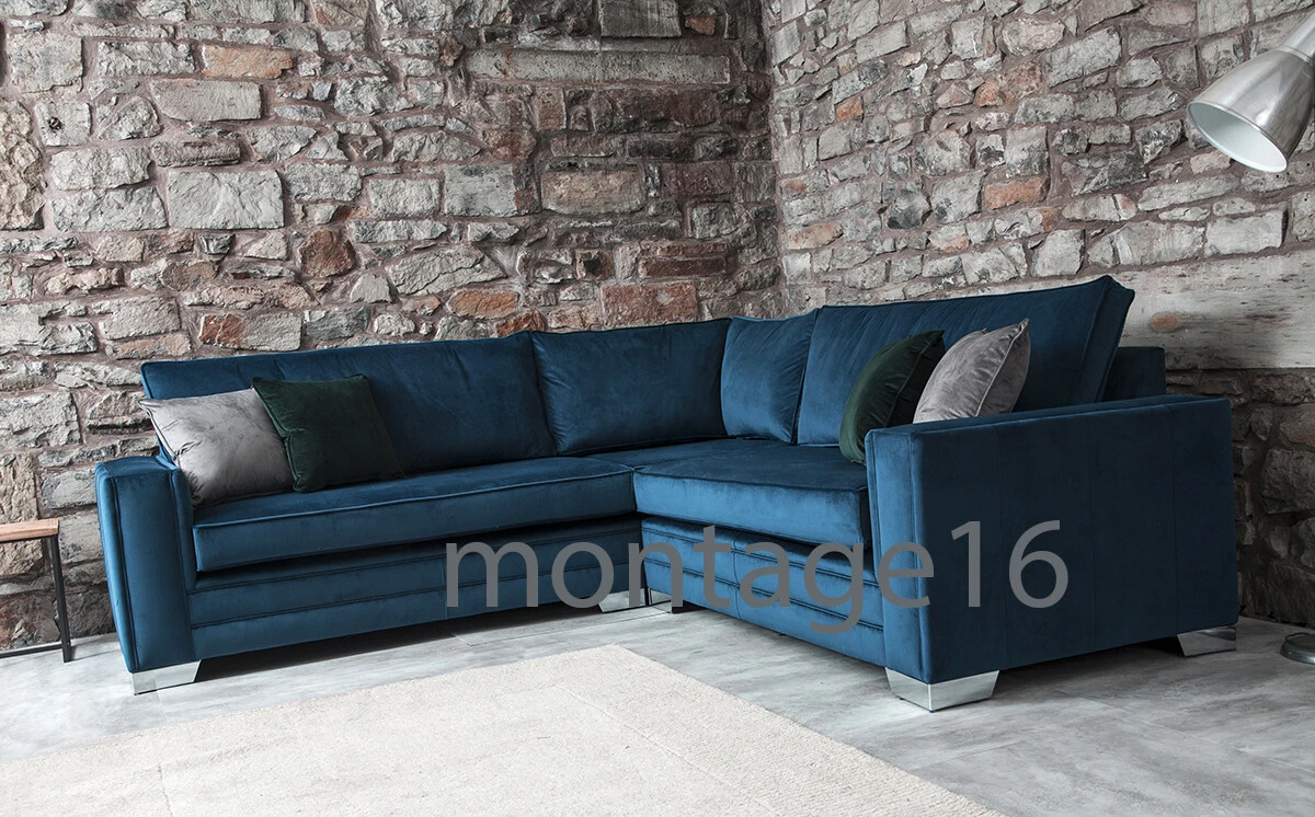 Valencia Blue Teal Velvet Large Square Arm Corner Sofa Many