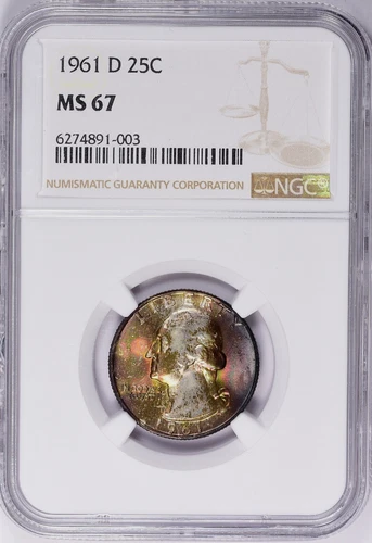 1961 D Washington Quarter NGC MS67 High Grade Rainbow Toned Intense Toning PQ