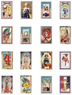 Vintage 4th Of July Mini Cotton Fabric Blocks (16) @ 1.25X2'' Each