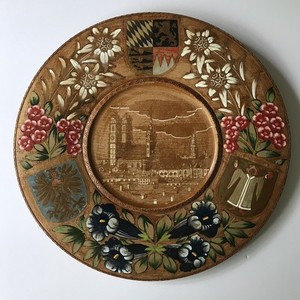 Vintage Carved Hand Painted 15” German Wood Plaque with Flowers & Crests Munchen