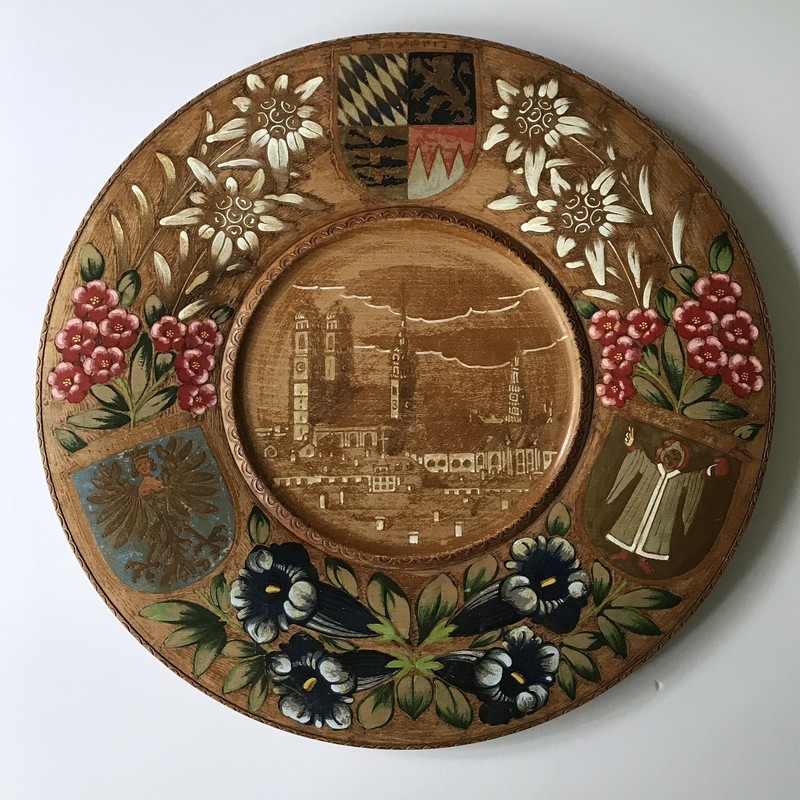 Vintage Carved Hand Painted 15” German Wood Plaque with Flowers & Crests Munchen
