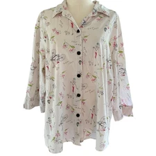 Vintage Parisian Print Button Down Shirt Women 1X White Retro Novelty Artsy Chic